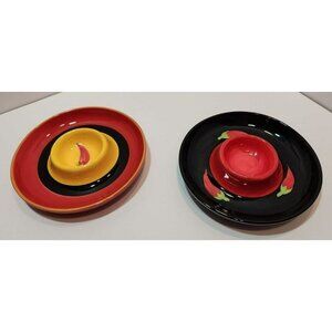 Chili Pepper Margarita Salt Dish Set Of Two Red, Yellow & Black 6.25" Diameter